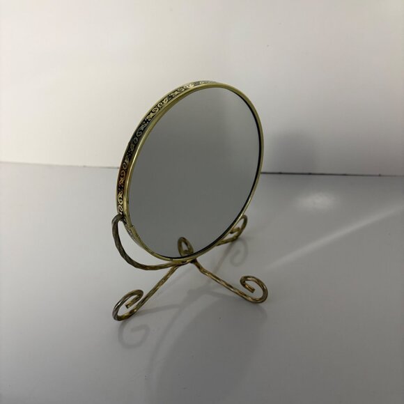 Metal Tabletop Vanity Mirror Double Sided Swirl Frame Foldable Easel Leg Vintage - Picture 2 of 5